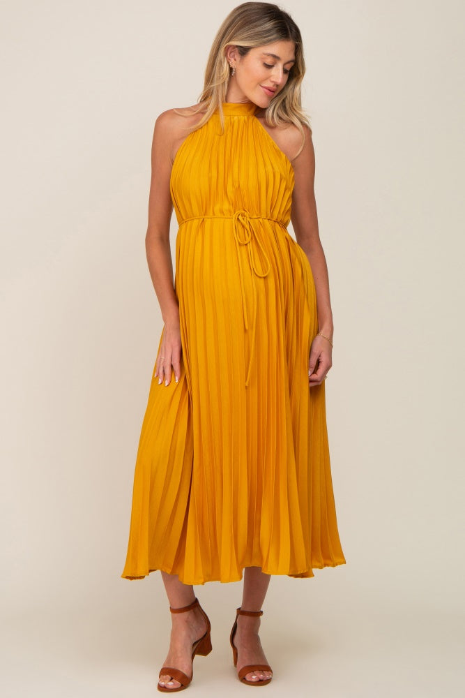 Yellow Pleated Maternity Halter Dress