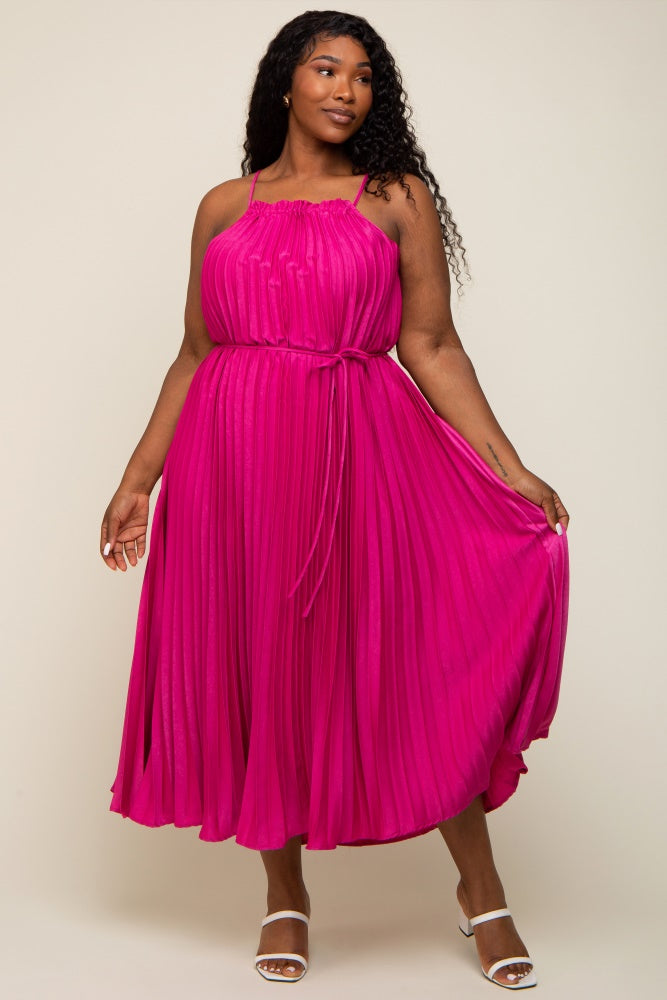 Fuchsia Pleated Sleeveless Waist Tie Maternity Plus Maxi Dress PinkBlush Fuchsia Pleated Sleeveless Waist Tie Maternity Plus Maxi Dress PinkBlush