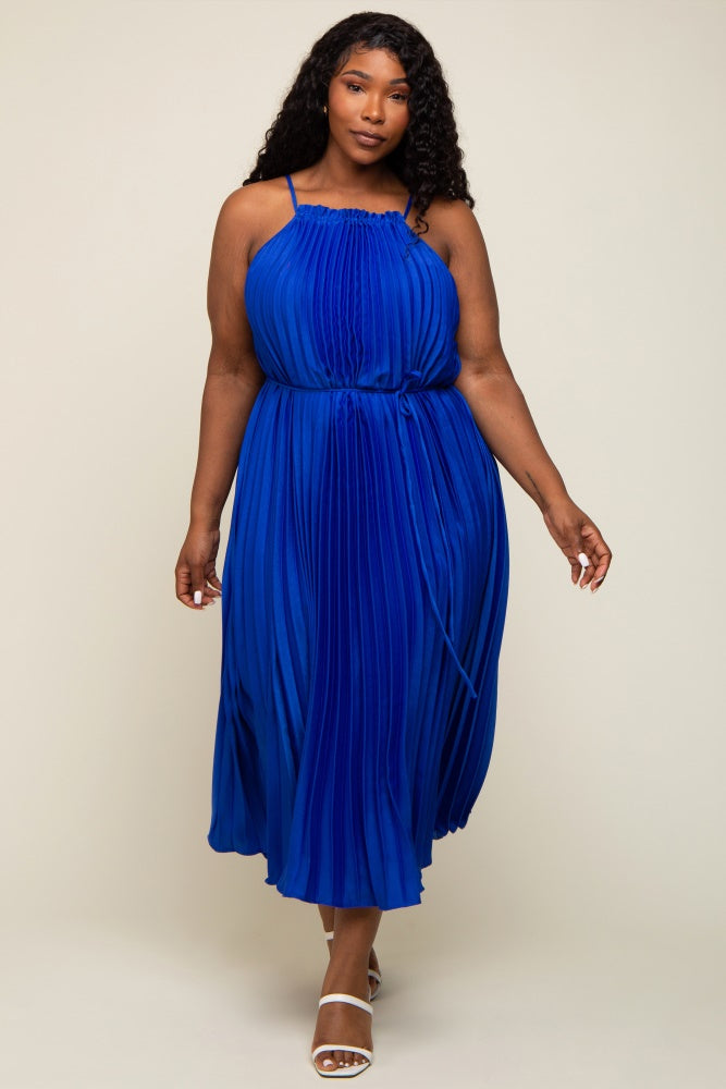 Royal Blue Pleated Sleeveless Waist Tie Plus Maxi Dress 1X