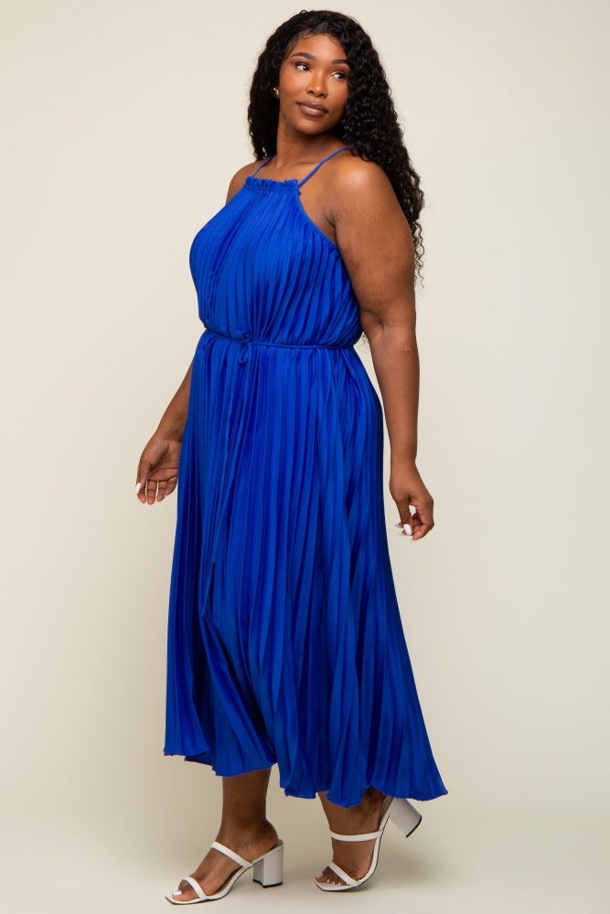 Royal Blue Pleated Sleeveless Waist Tie Plus Maxi Dress 1X
