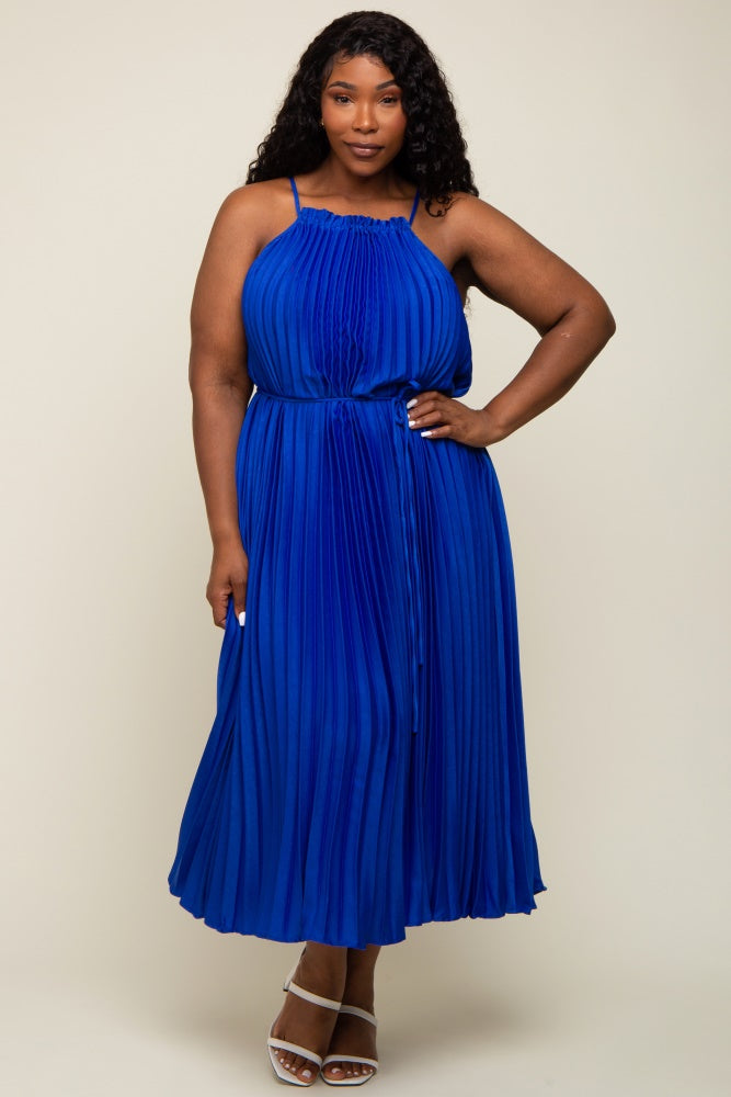 Royal Blue Pleated Sleeveless Waist Tie Plus Maxi Dress 1X Royal Blue Pleated Sleeveless Waist Tie Plus Maxi Dress 1X