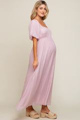Light Pink Shimmer Chiffon Short Puff Sleeve Maternity Maxi Dress