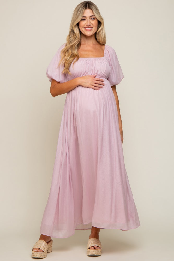 Light Pink Shimmer Chiffon Short Puff Sleeve Maternity Maxi Dress