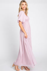 Light Pink Shimmer Chiffon Short Puff Sleeve Maxi Dress