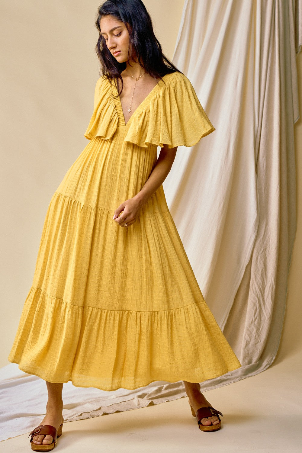 Yellow Textured Stripe Deep V-Neck Layered Sleeve Maxi Dress