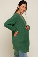 Forest Green Chunky Knit V-Neck Side Slit Long Maternity Sweater