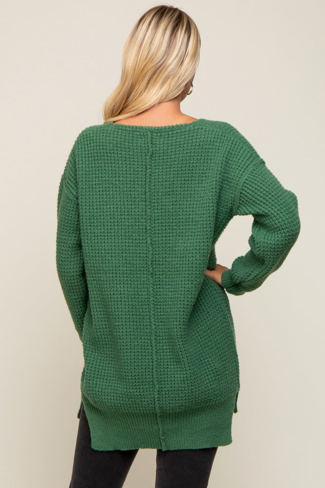Forest Green Chunky Knit V-Neck Side Slit Long Sweater
