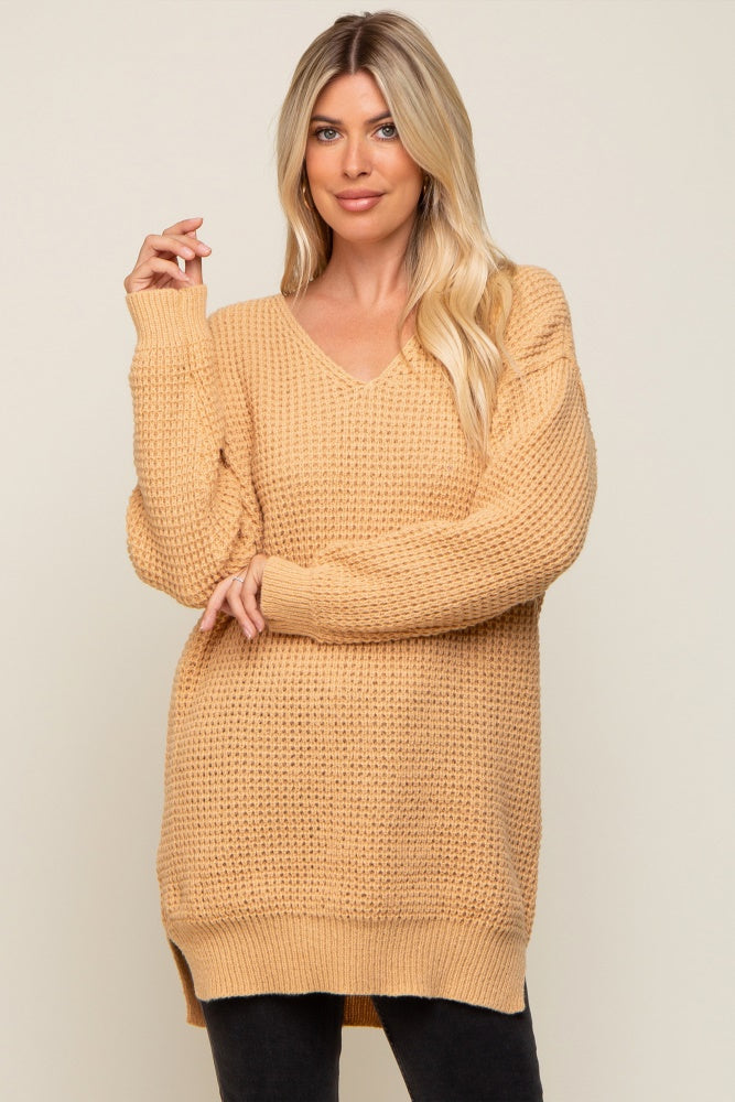 Peach Chunky Knit V-Neck Side Slit Long Sweater
