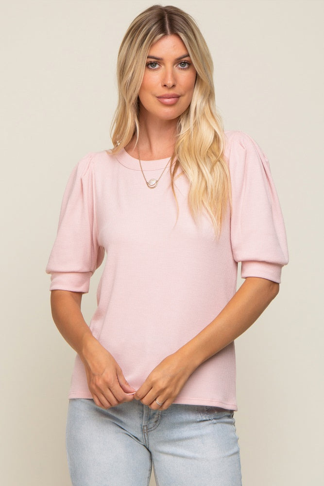 Light Pink Puff Sleeve Waffle Knit Maternity Top