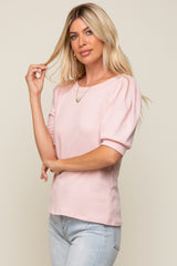 Light Pink Puff Sleeve Waffle Knit Top