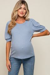 Blue Puff Sleeve Waffle Knit Maternity Top
