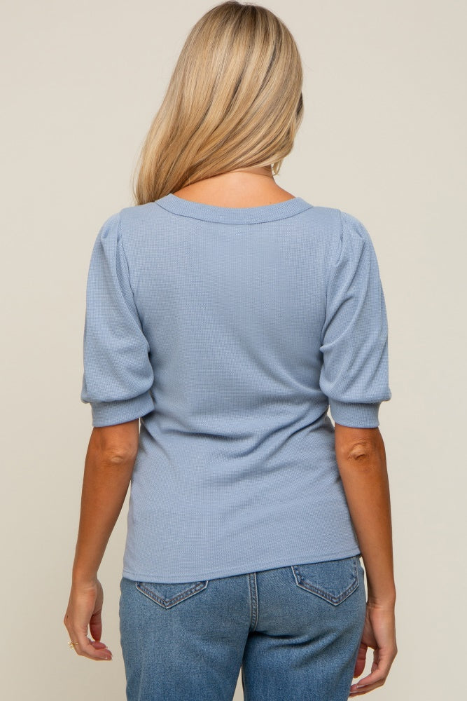 Blue Puff Sleeve Waffle Knit Maternity Top