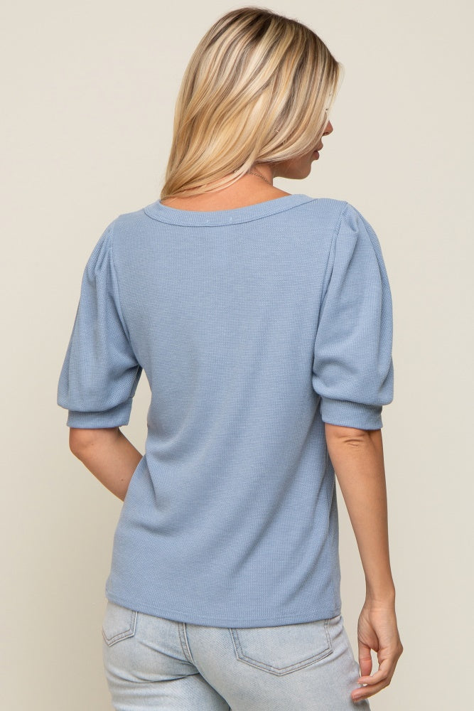 Blue Puff Sleeve Waffle Knit Top