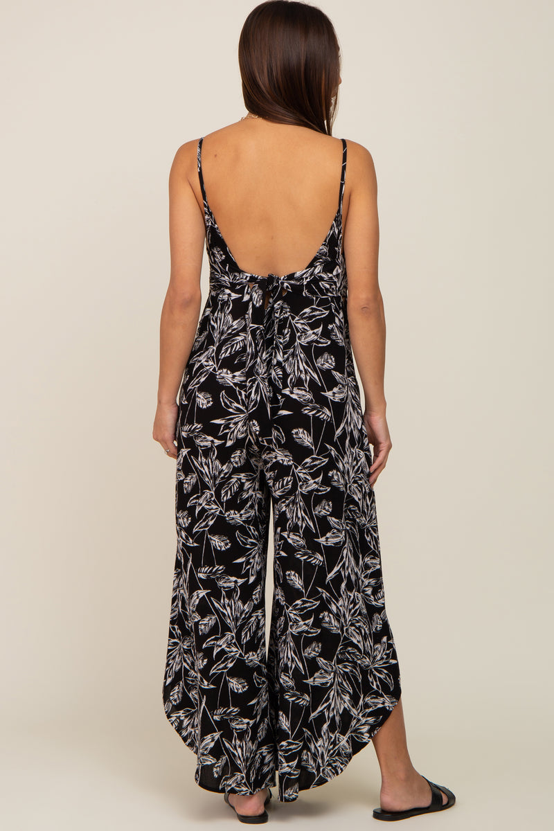 Black Leaf Print Round Hem Back Tie Maternity Jumpsuit – PinkBlush