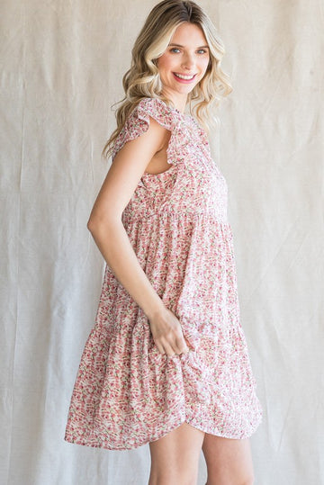 Pink Floral Chiffon Tiered Dress