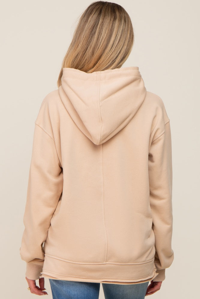 Taupe Raw Edge Trim Maternity Drawstring Hoodie