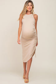 Beige Ribbed Halter Ruched Drawstring Side Maternity Midi Dress