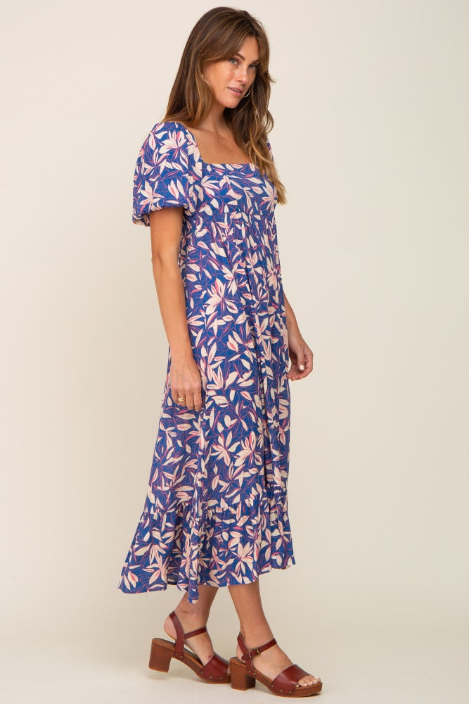 Blue Floral Puff Sleeve Midi Dress