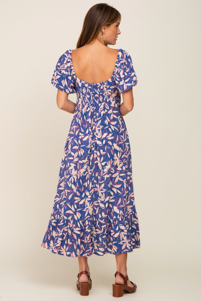 Blue Floral Puff Sleeve Midi Dress