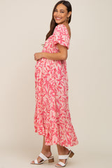 Fuchsia Floral Puff Sleeve Maternity Midi Dress