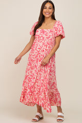 Fuchsia Floral Puff Sleeve Maternity Midi Dress