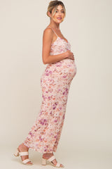 Pink Floral Mesh V-Neck Maternity Maxi Dress