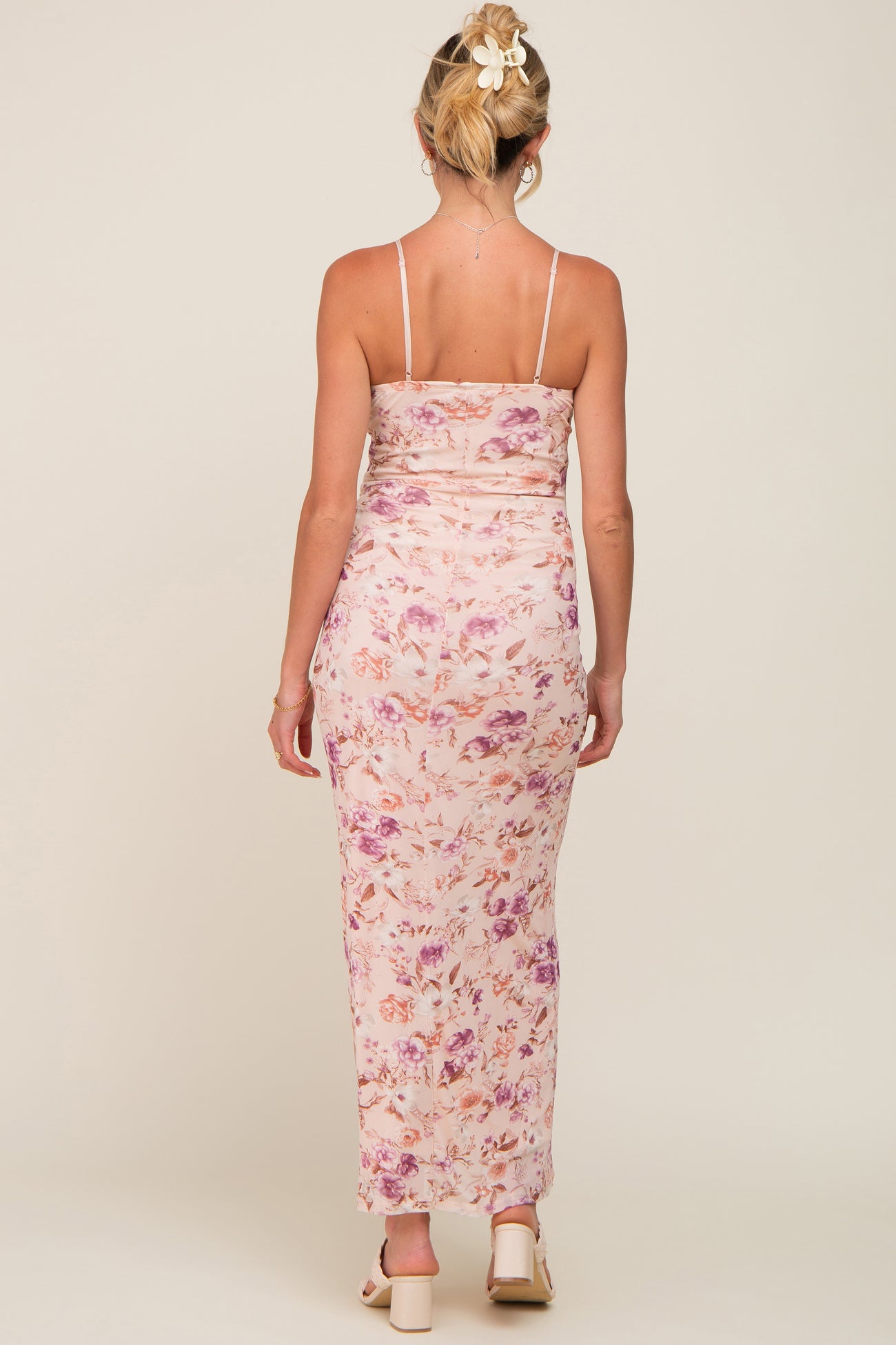 maternity elegant v-neck stitching mesh gown pink dress Light Pink Deep V-Neck Button Down Maxi Dress Medium