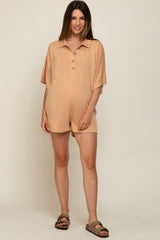 Camel Heathered Front Button Maternity Romper