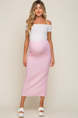 Light Pink Textured Slit Maternity Midi Skirt