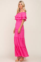 Pink Off Shoulder Eyelet Tiered Maternity Maxi Dress