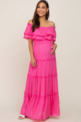Pink Off Shoulder Eyelet Tiered Maternity Maxi Dress