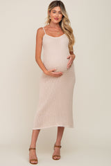 Beige Open Knit Crochet Maternity Midi Dress