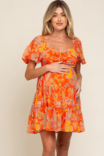 Orange Floral Sweetheart Tiered Maternity Dress