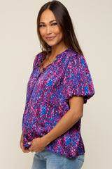 Royal Blue Printed Front Tie Puff Sleeve Maternity Blouse