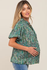 Green Printed Front Tie Puff Sleeve Maternity Blouse