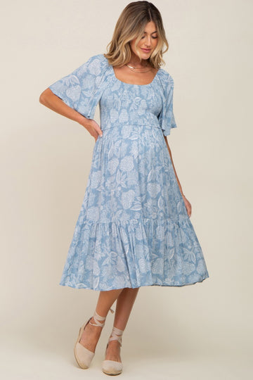 Blue Floral Smocked Maternity Midi Dress