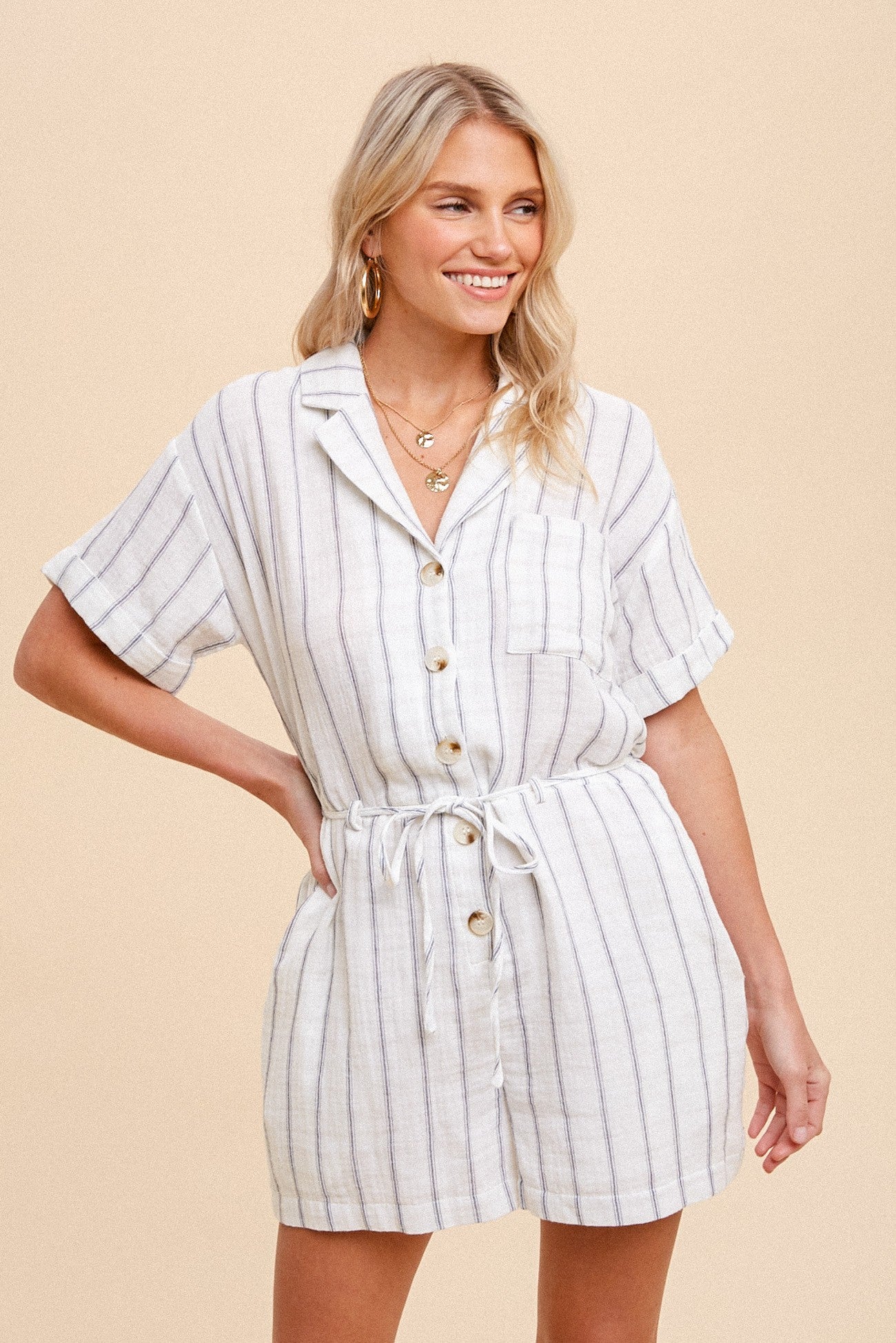 White Belted Stripe Button Up Romper – PinkBlush