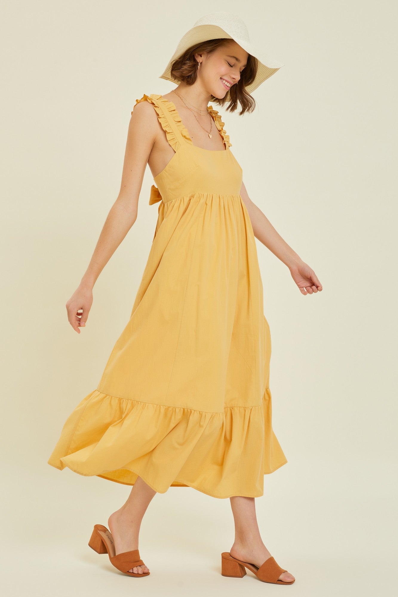 Yellow Ruffle Accent Back Tie Midi Dress PinkBlush Yellow Ruffle Accent Back Tie Midi Dress PinkBlush