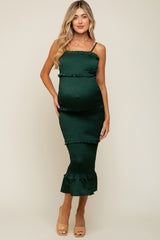 Forest Green Satin Smocked Fitted Maternity Maxi Dress