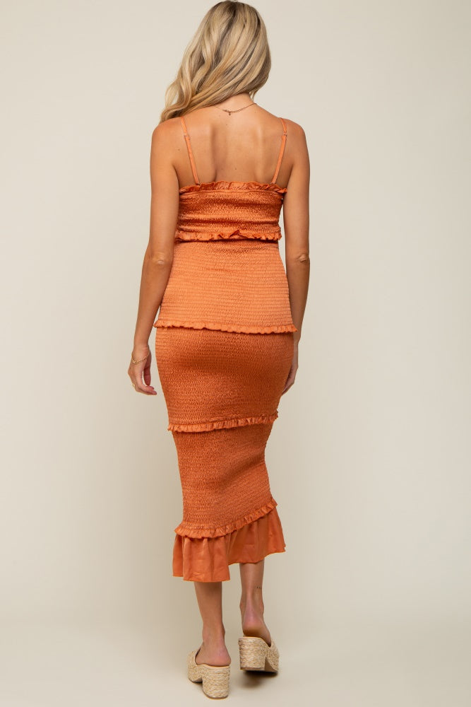 Orange Satin Smocked Fitted Maternity Midi Dress