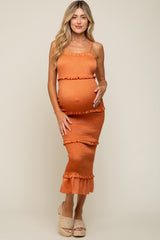 Orange Satin Smocked Fitted Maternity Midi Dress