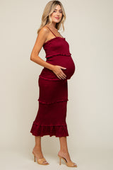 Burgundy Satin Smocked Fitted Maternity Midi Dress