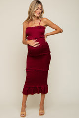 Burgundy Satin Smocked Fitted Maternity Midi Dress