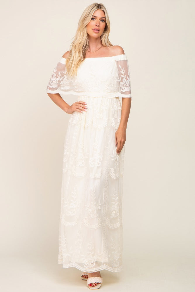 cream lace off the shoulder dress Vintage Floral Lace Off-Shoulder White corset maxi dress with Flare Detailing, Long Sleeves, and Hollow Out Design