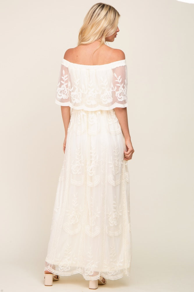 Cream Lace Mesh Overlay Off Shoulder Maxi Dress Small Cream Lace Mesh Overlay Off Shoulder Maxi Dress Small