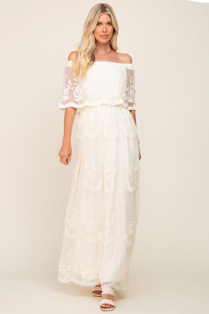 Cream Lace Mesh Overlay Off Shoulder Maxi Dress Small