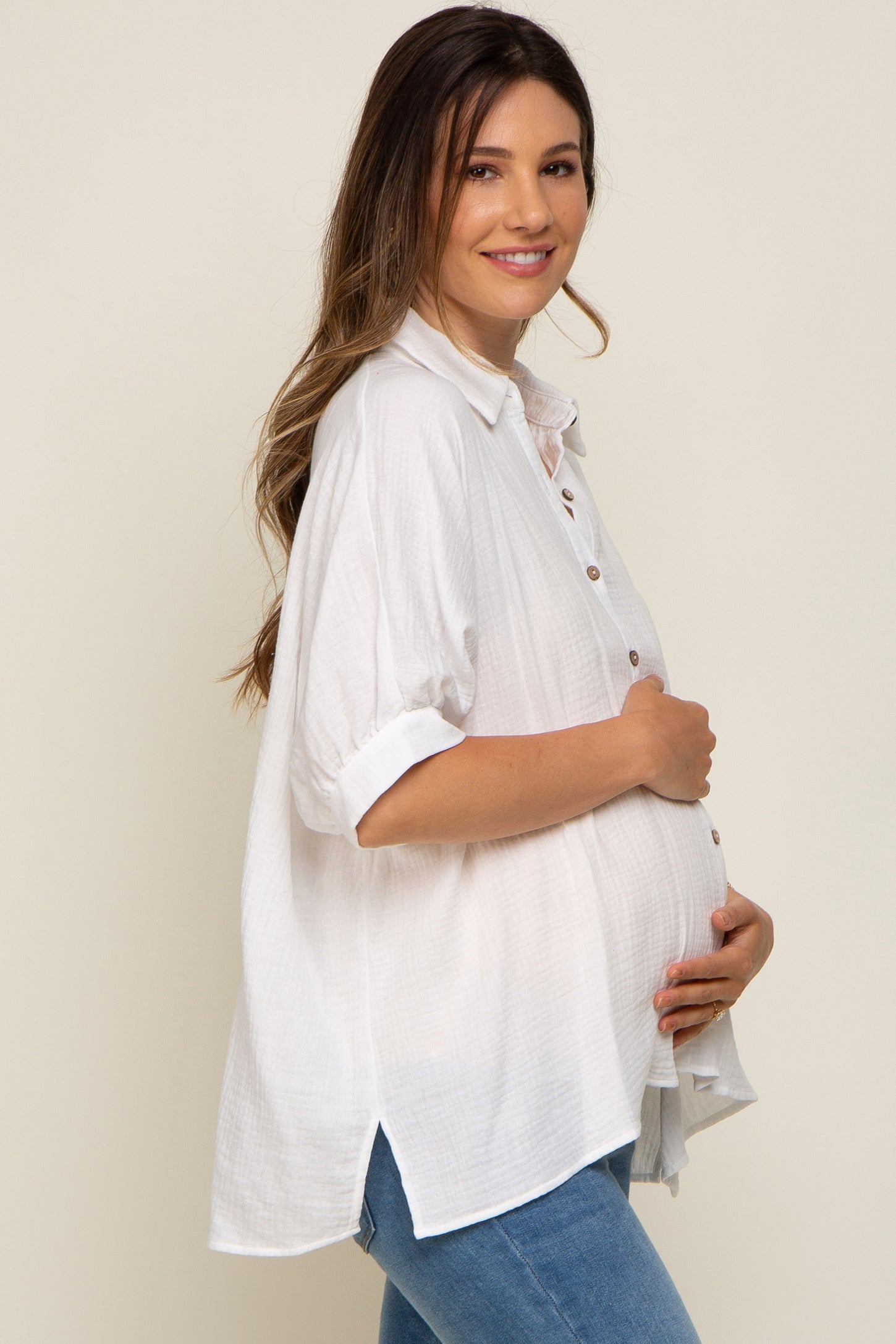 White Button Down Collared Maternity Top– PinkBlush