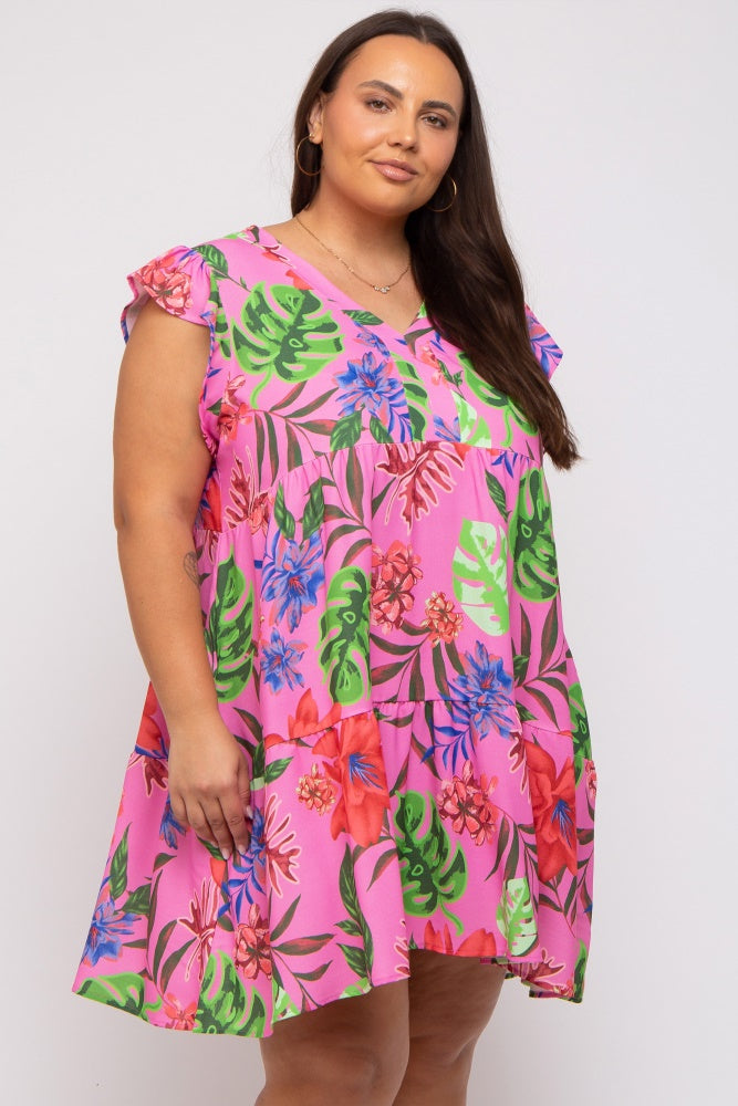 Pink Tropical Floral Print Plus Dress