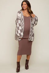 Mocha Checkered Oversized Chunky Knit Maternity Cardigan