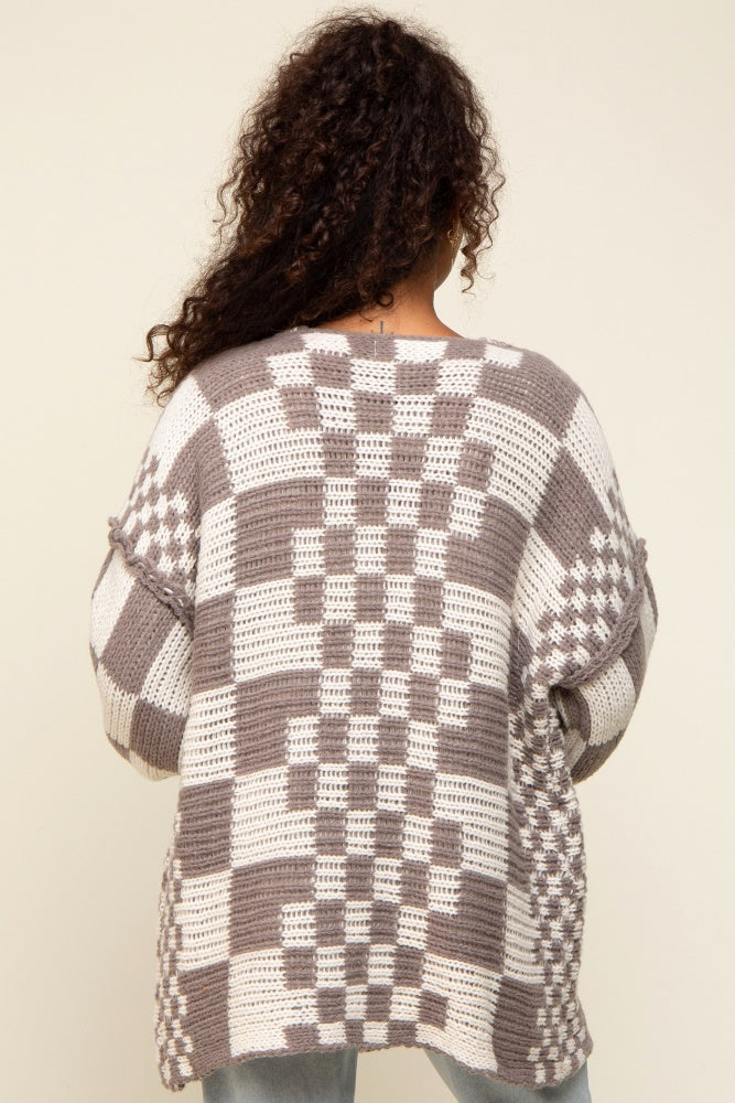 Mocha Checkered Oversized Chunky Knit Cardigan– PinkBlush